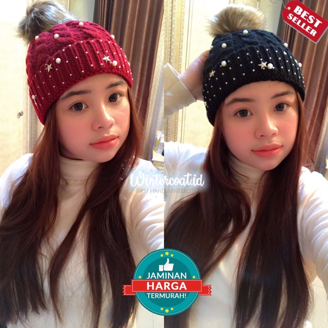 Grosir (SSC) Pearl Beanie hat women Topi Kupluk Wanita Cewek Spring mutiara musim dingin winter