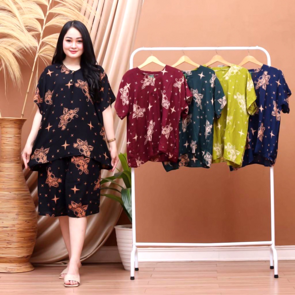 BAJU TIDUR WANITA SETELAN ONESET PIYAMA KULOT SUPER JUMBO KEKINIAN  BUSUI BUMIL ( ROHMAH GELOMBANG OVAL SELEDRI CABUTAN )-KJ BINTANG CABUTAN