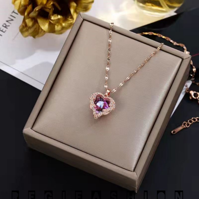 { COD } Kalung Titanium Wanita Terbaru Liontin Love Cristal / Kalung Rantai Wanita Titanium Asli Import / Kalung Wanita Korea Model Terbaru