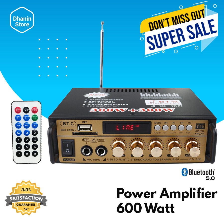 Power Amplifier Amplifer Ampli Mini Bluetooth 5.0 Karaoke Class D Stereo Hifi 2 Channel 12 Volt 600 