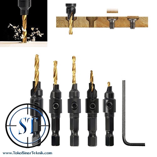 1 set isi 5pcs Mata Bor Countersink Woodworking Screw Holes Drill Bit Wrench Kayu bes Alumunium HSS i Plus Kunci L