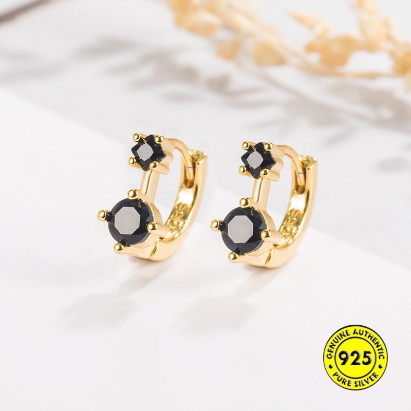 Anting Bulat Simple Warna Hitam Hias Berlian Imitasi Untuk Wanita U1027