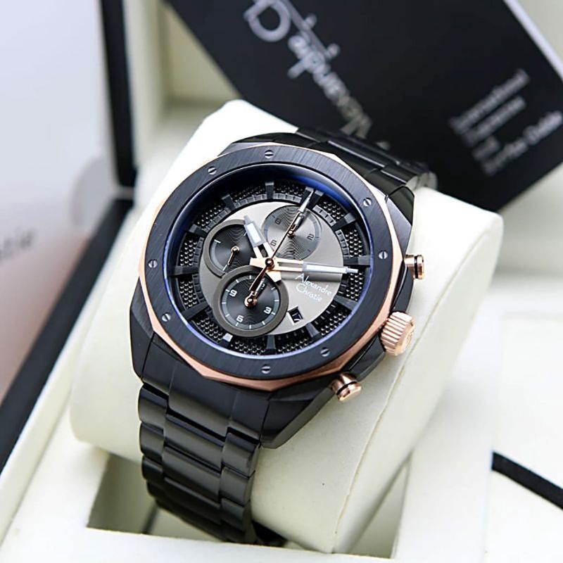 J TANGAN PRIA ALEXANDRE CHRISTIE AC 6611 BLACK ROSEGOLD AC 6611 ORIGINAL