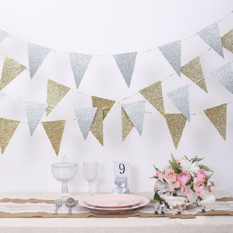 Spanduk Bendera Kertas Glitter Bentuk Segitiga Warna Emas Untuk Dekorasi Pesta Ulang Tahun Pernikahan Baby Shower