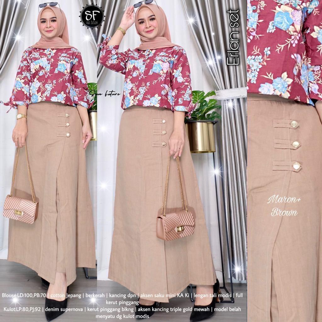 Paket Hemat Erlan One Set Kondangan Wanita Kombi Atasan Blus Motif Mix Celana Pants Rok Setelan Wani