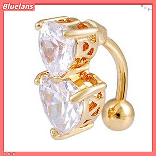 Bluelans Reverse Crystal Zircon Bar Belly Ring Gold Body Piercing Button Navel Two Hearts