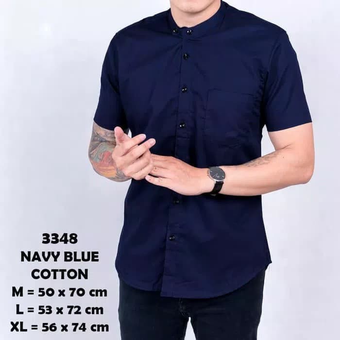 Nibras Nk 55 Koko Lengan Pendek Katun Chambray GT788 Kemeja Shanghai Dark Blue Casual Kerah Tegak