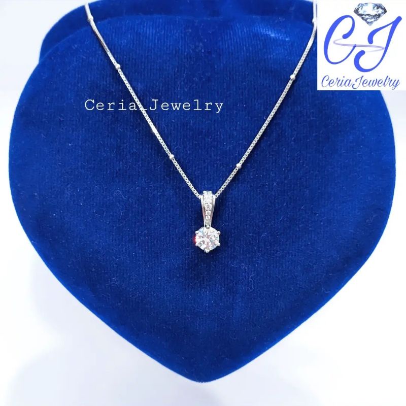 Set Kalung Perak Asli Silver 925 Lapis Emas Putih Model Liontin Soliter permata 1 Baris - Perhiasan 
