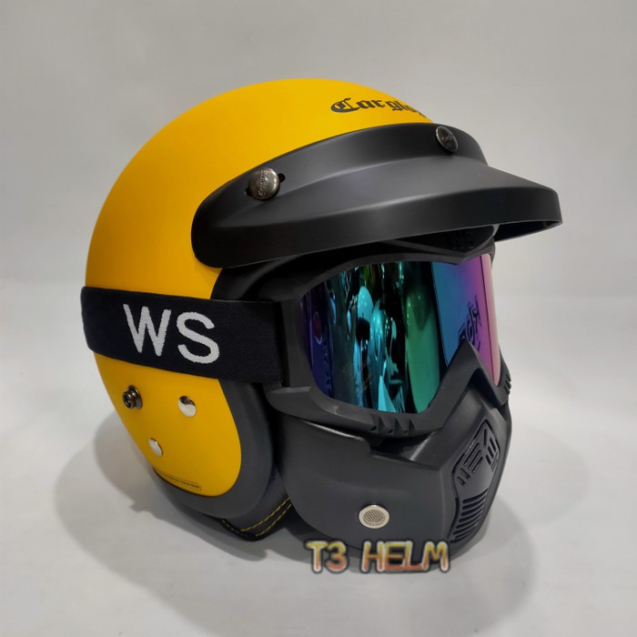 Helm Bogo Cargloss Yellow Doff Dengan Goggle Mask Visor Pelangi