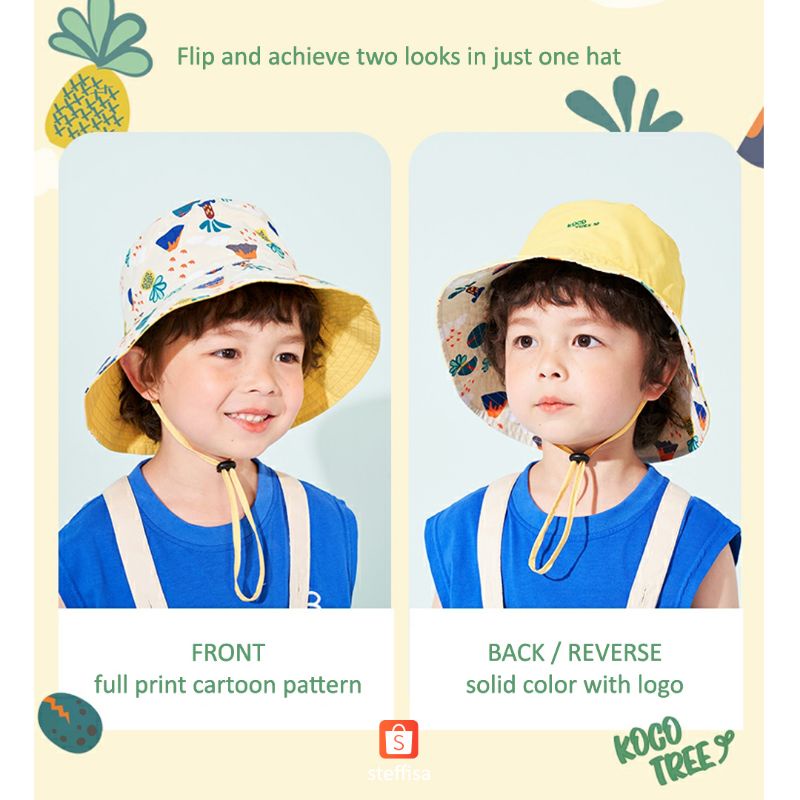 TOPI ANAK | reversible double sided wearable - anti UV - fisherman fun childhood FOLDABLE BAG HAT het import unisex kid cewek cowok balita lucu outdoor gunung pantai kebun cod