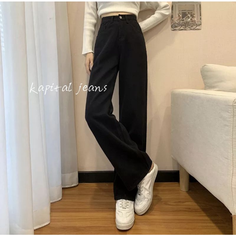 BLACK HIGHWAIST NEW STRAIGHT CELANA KULOT JEANS WANITA LOOSE