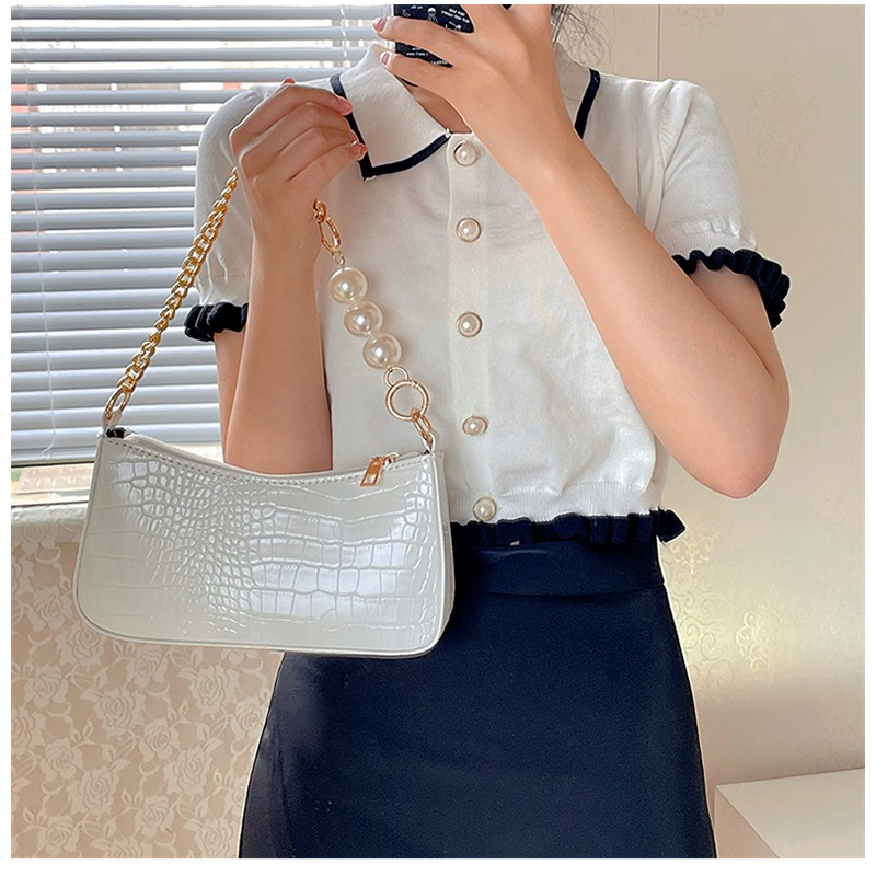 Tas Wanita French Vintage Crocodile Pattern Pearl Chain Underarm Bag Tekstur Serbaguna Wanita Shoulder Messenger Bag