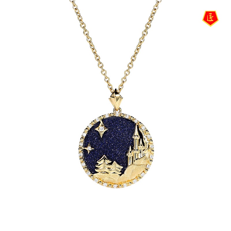 [Ready Stock]Creative Frozen Blue Gold Necklace 18K Gold Geometric Castle Pendant