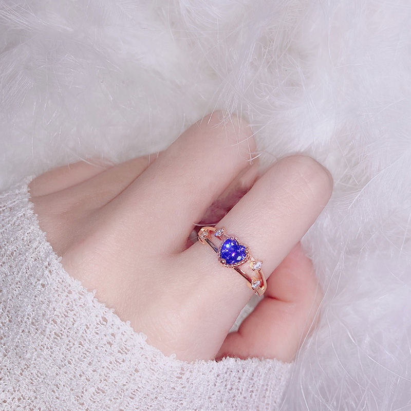 Cincin Wanita Bahan Titanium Steel Warna Rose Gold Bentuk Hati Hias Kristal Berlian Ungu Gaya Korea