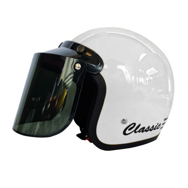 HELM BOGO DEWASA CLASIC GARIS DEWASA POLOS GARIS KACA FLAT DATAR DAN KACA CEMBUNG-putih