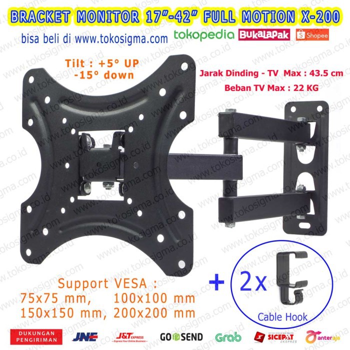 BRACKET FULL MOTION X200 TV CURVE FLAT LCD LED 17 24 32 33 34 37 42 IN