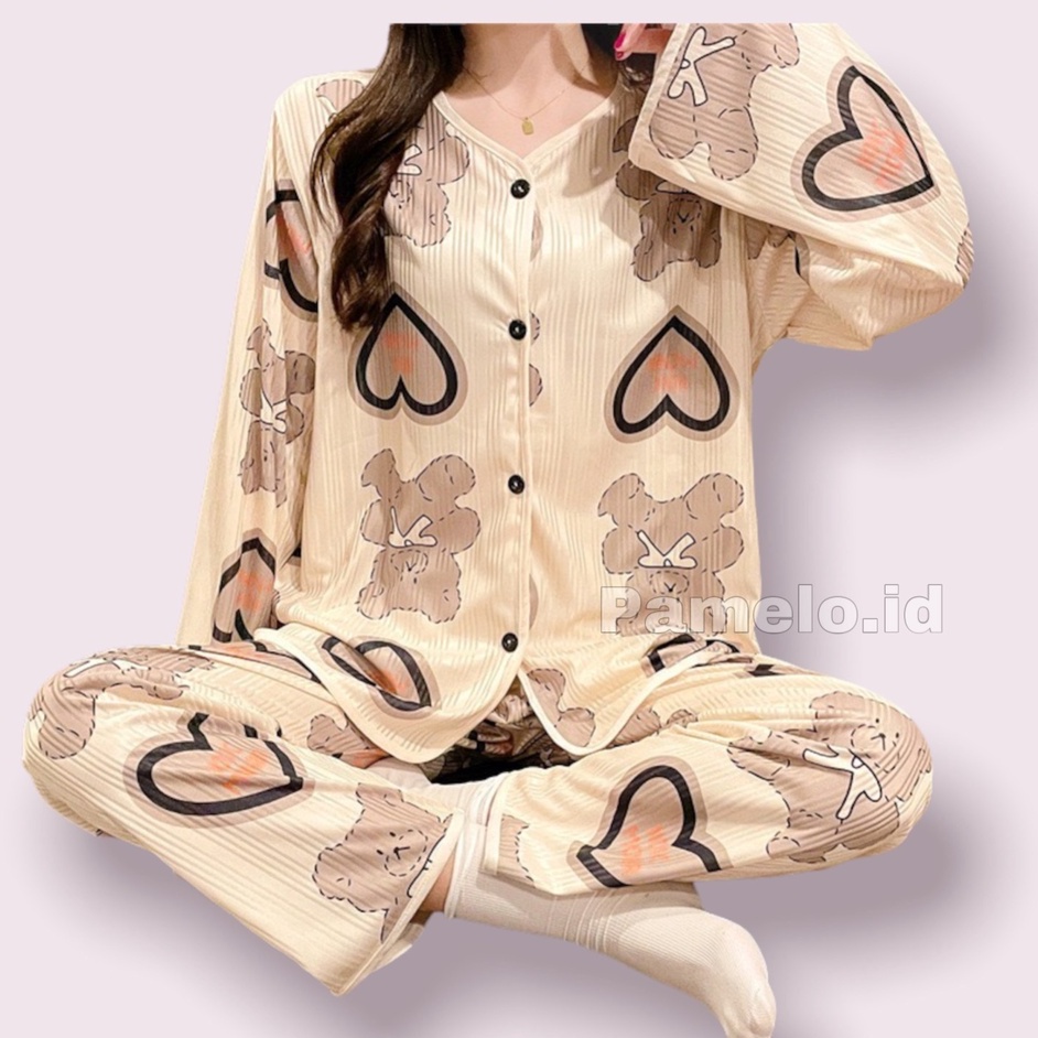 Pamelo.id Piyama Import PP 50 Corak Baju Tidur Import Pajamas Import Baju Tidur Murah-P2 Bear Luv Crem