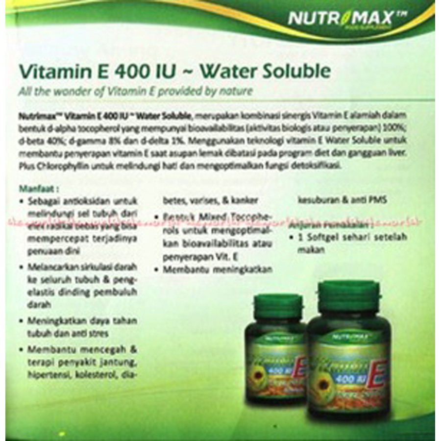 Nutrimax Vitamin E 400 Iu Water Soluble Multivitamin Untuk Menangkal Radikal Bebas 60 Softgel