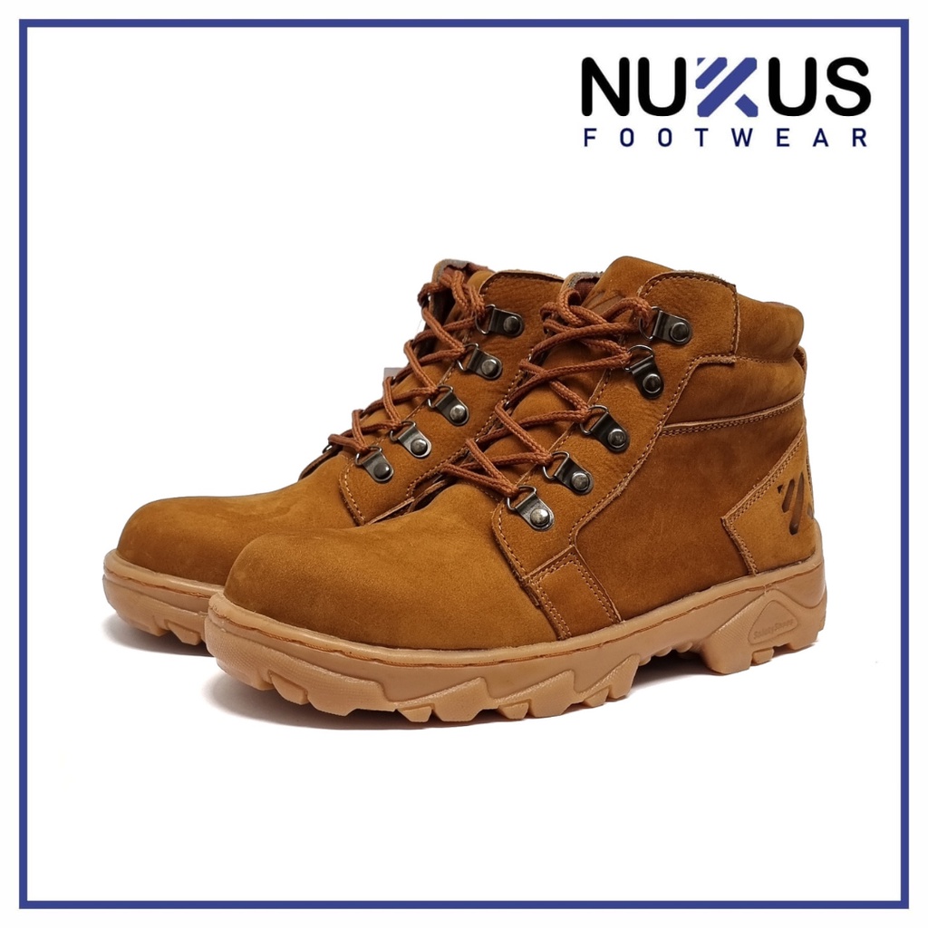 Nukus Sepatu Safety Boots Outdoor Pria Kulit Nubuck Asli Coklat Tan - D04 NB 01