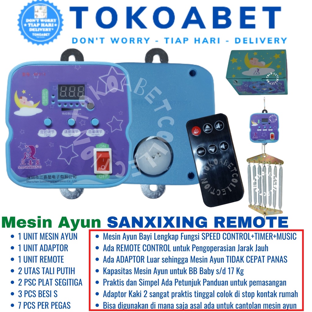 Ayunan bayi elektrik SANXIXING lengkap REMOTE CONTROL dengan MUSIC TIMER SPEED CONTROL Murah dengan Per 7 dan Adaptor bisa sebagai Perlengkapan Tidur Baby sesuai Kebutuhan Bayi Lahir TOKOABET