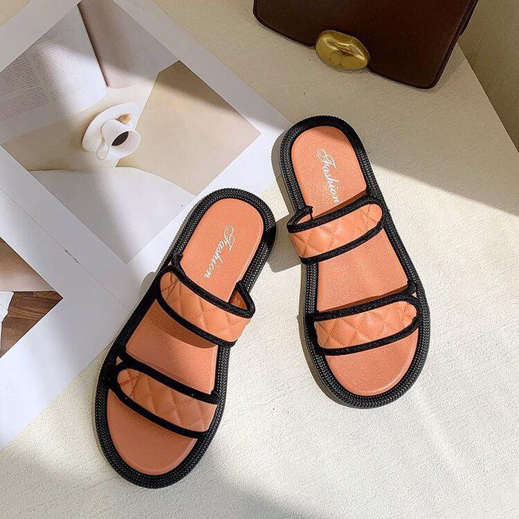 TOPGROSIR GR1503 Korean Sandal Slip Flat  Import Tali Dua Motif Garis Kotak