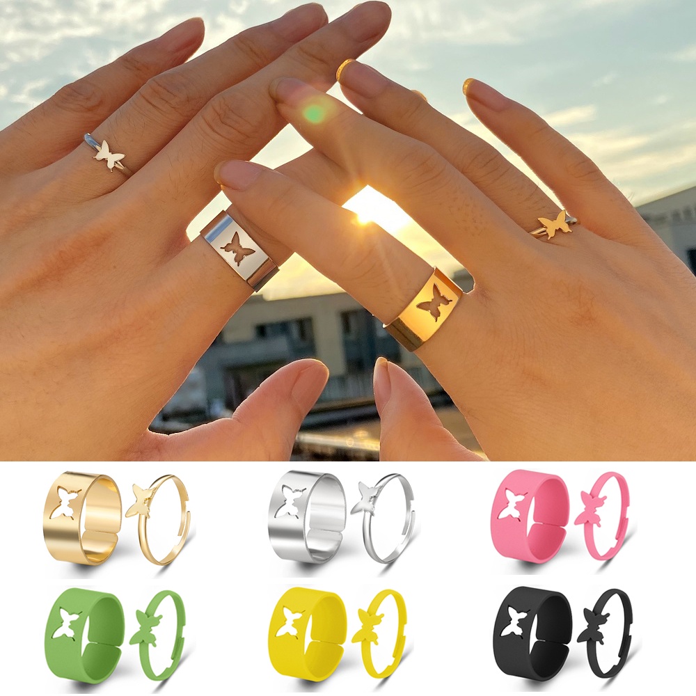 Fashion Colorful Couple Ring Set Retro Hollowed-out Butterfly Rings Women Jewelry Accessories Gift