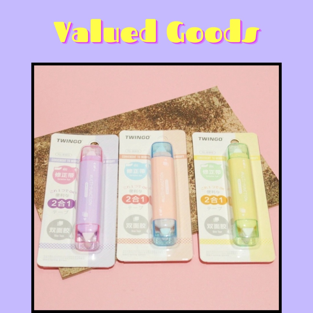 

Correction Tape Twinggo 2in1 + Glue Tape Sisi Lainnya Baru - tipex kertas lem roll alat tulis kerja kantor sekolah multifungsi hadiah sovenir warna pastel penghapun pulpen