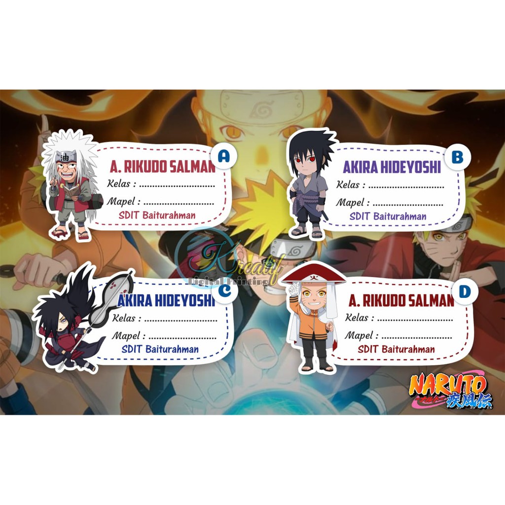 Stiker nama sampul buku Tulis Tema Naruto Anime Jepang