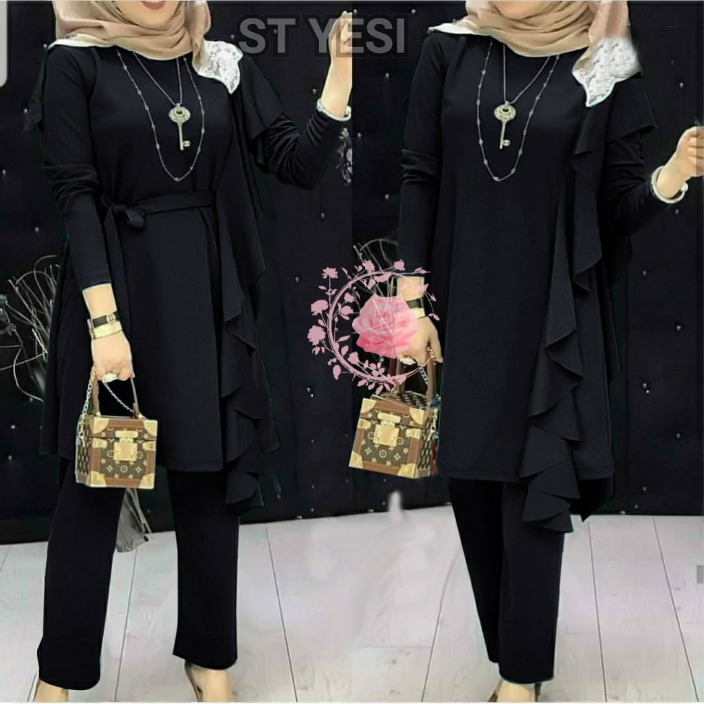 ST YESI/ SETELAN WANITA HIJAB SIZE L, XL, 2XL/ ONE SET BAHAN MOSSCREPE/ SET WANITA LENGAN PANJANG TERBARU-HITAM