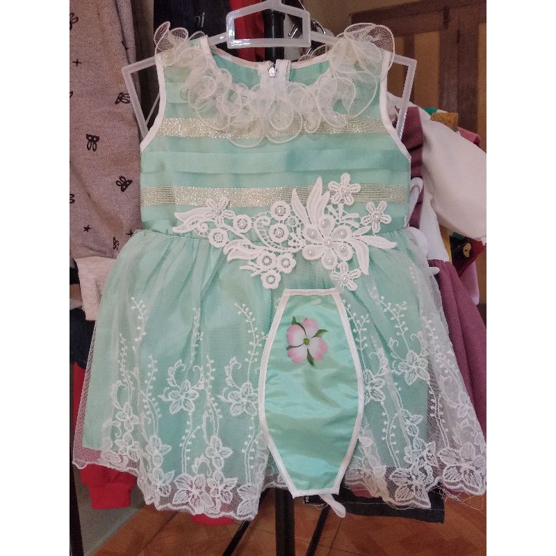 Dress Anak Mewah Dress Brukat Import Hijau Mint Free Masker
