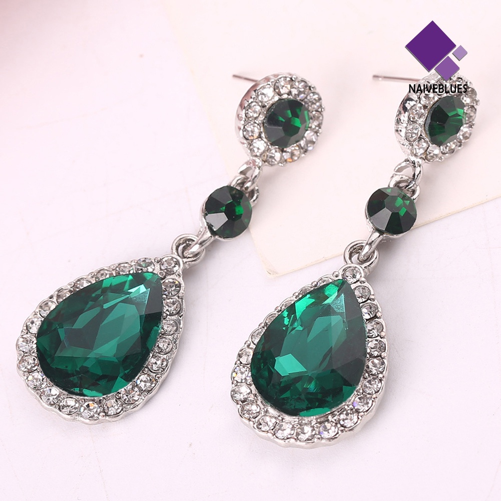 Anting Stud Panjang Bentuk Waterdrop Aksen Berlian Imitasi Untuk Wanita