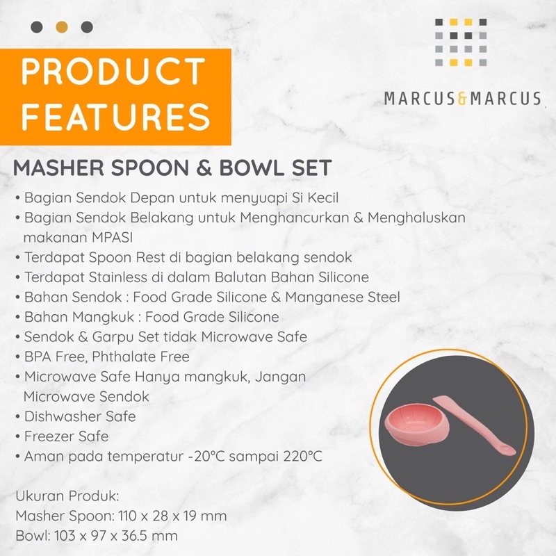 MARCUS &amp; MARCUS MASHER WITH SOFT SPOON &amp; BOWL SET