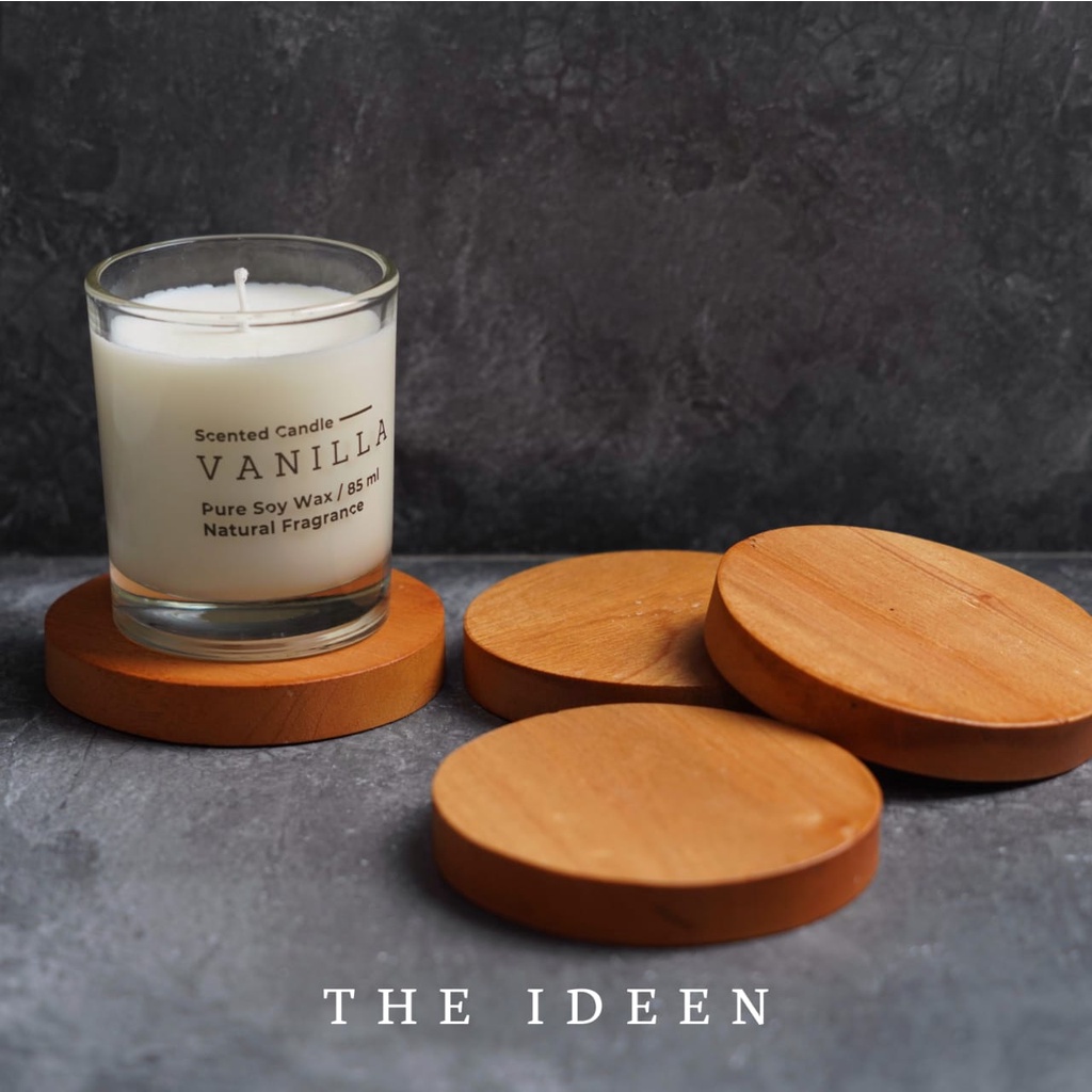 THE IDEEN - NATURAL WOODEN COASTER MAHONI BULAT DIAMETER 7 CM | TATAKAN GELAS LILIN CANDLE BAHAN KAYU PROPERTY FOTO | ALAS LILIN SOLID AESTHETIC