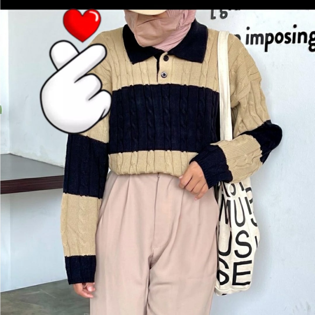 Sweater Rajut Oversize Strip Cable Crop Top Blouse Wanita Premium