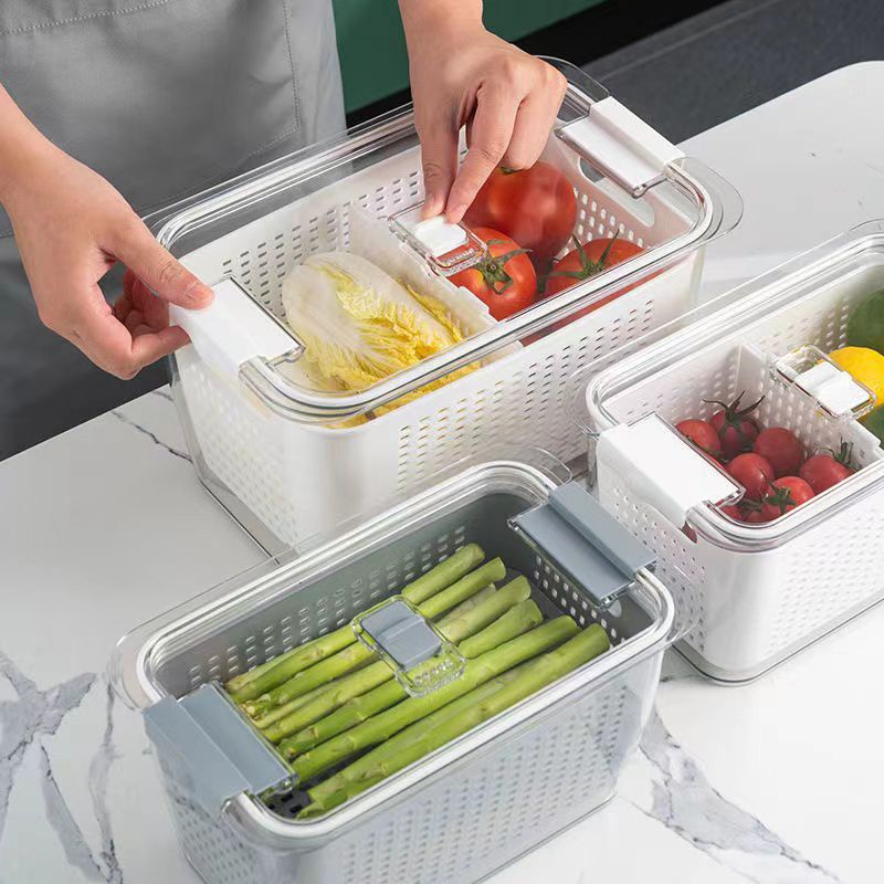 STV Compartment refrigerator drain basket toples saringan Fresh Box Penyimpanan Makanan Kotak Penyimpanan Makanan Segar Kulkas Buah Sayuran dengan saringan draining basket storage food box ukuran Medium