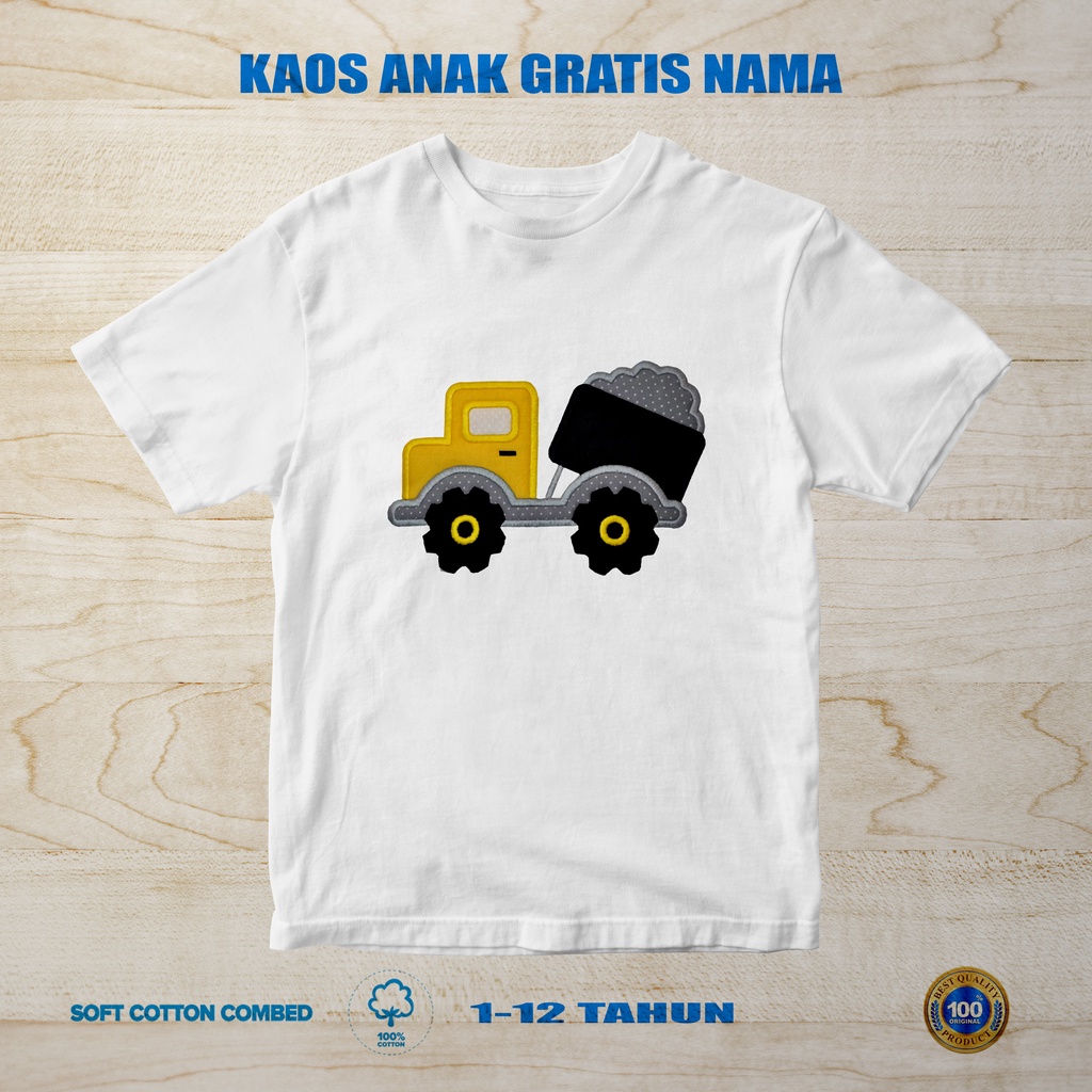 [FREE NAMA] baju kaos anak truk pasir kartun 100% cotton combed premium