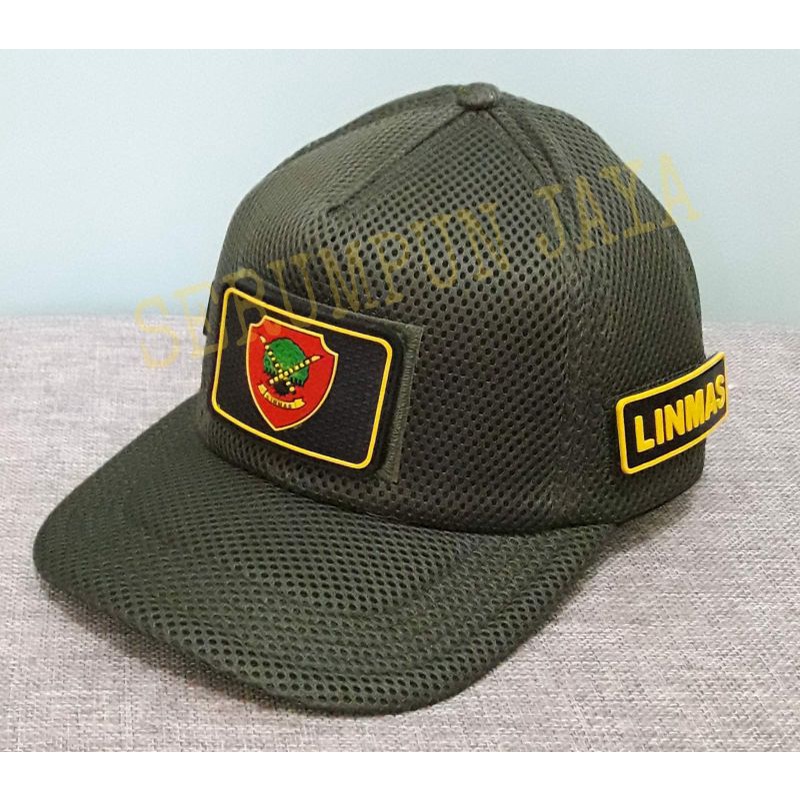 TOPI LINMAS HIJAU ARMY - TOPI LINMAS JARING VELCRO 3PATCH (Patch kecil Linmas)