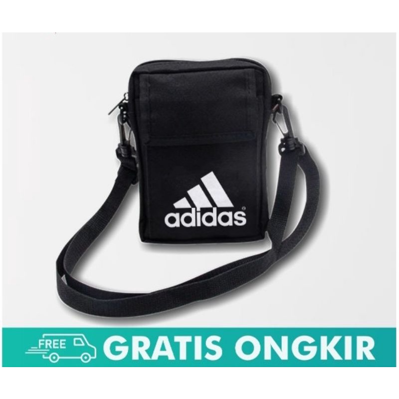 TAS SLEMPANG ADIDAS BLACK HITAM UNTUK HP DOMPET BARANG KECIL SANTAI HANGOUT JALAN KEREN CEWEK COWOK