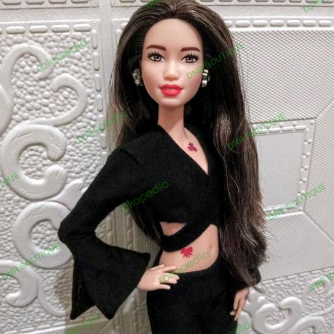 Baju Barbie Gaun Crop Top Silang, Celana Cutbray, Bisa Custom Model