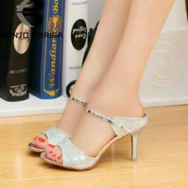 sandal heels glitter kokop tali tengah silver