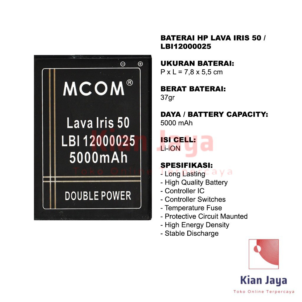 MCOM Baterai HP LAVA Iris 50 / LBI12000025 Original Double Power Batre Batrai Battery Ori