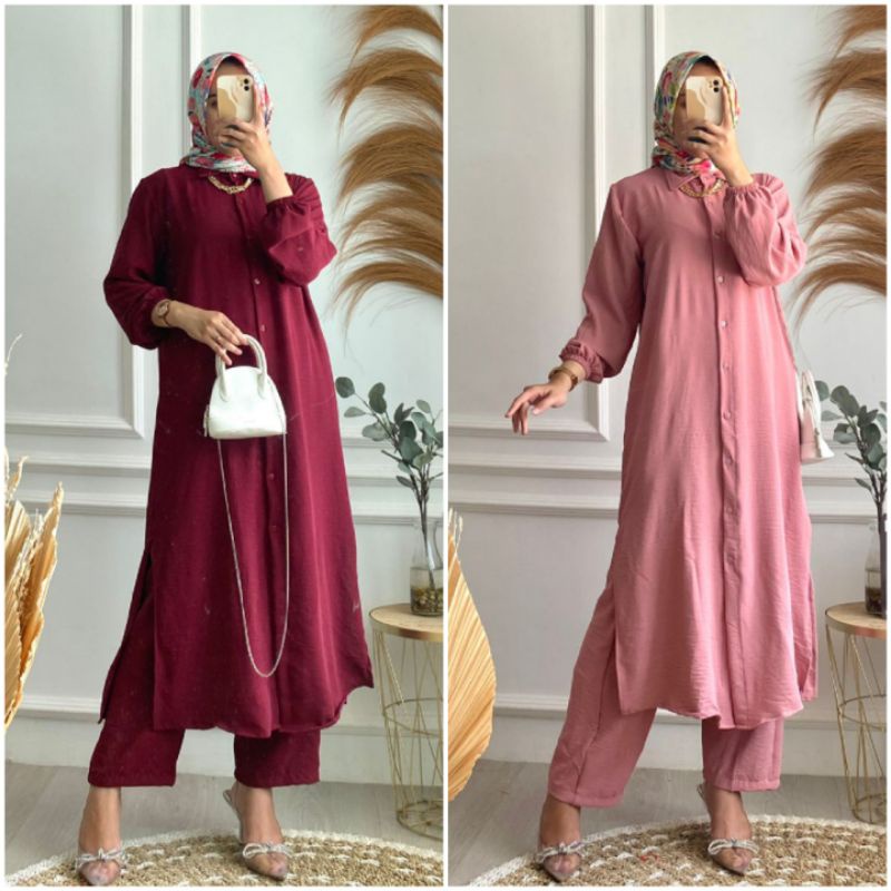 BISA COD AZKIYAHIJAB29 SETELAN BAJU MUSLIM WANITA SET LONG TUNIK POLOS CRINCKLE AIRFLOW BUSUI JUMBO 