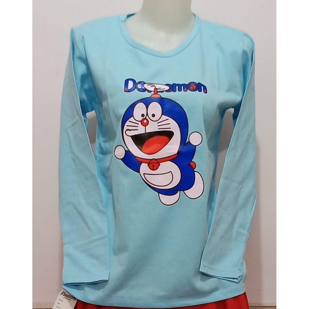 kaos wanita lengan panjang karakter doraemon satu warna pilihan biru