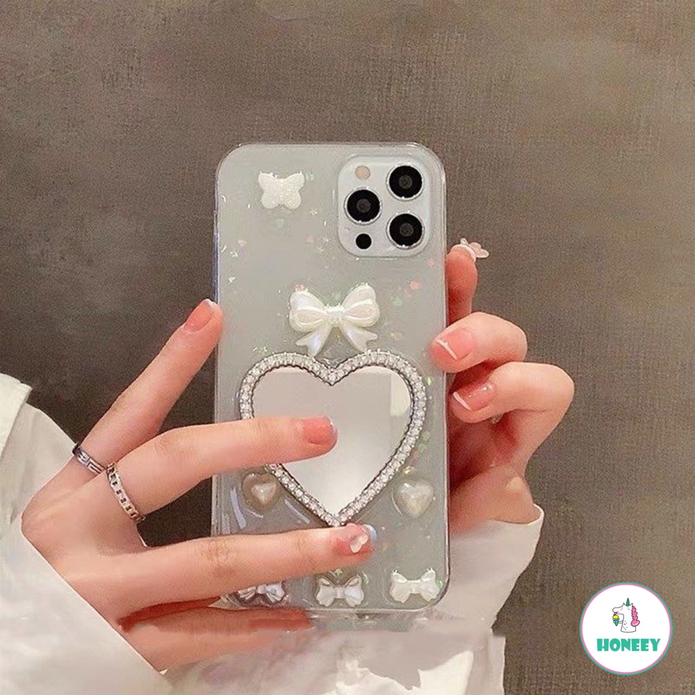 Luxury Bling Pearl White Butterfly Make Mirror Phone Case compatible for IPhone 14 13 12 11 Pro Max 7 Plus Anti-Fingerprint Matte Soft TPU Case