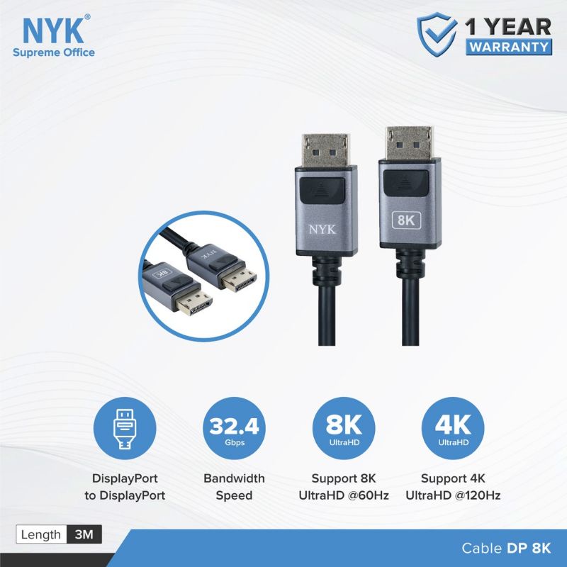 NYK DP to DP  Cable / Display Port to Display Port Kabel Original Gold Plate 8K 1.8 meter / 3 mtr