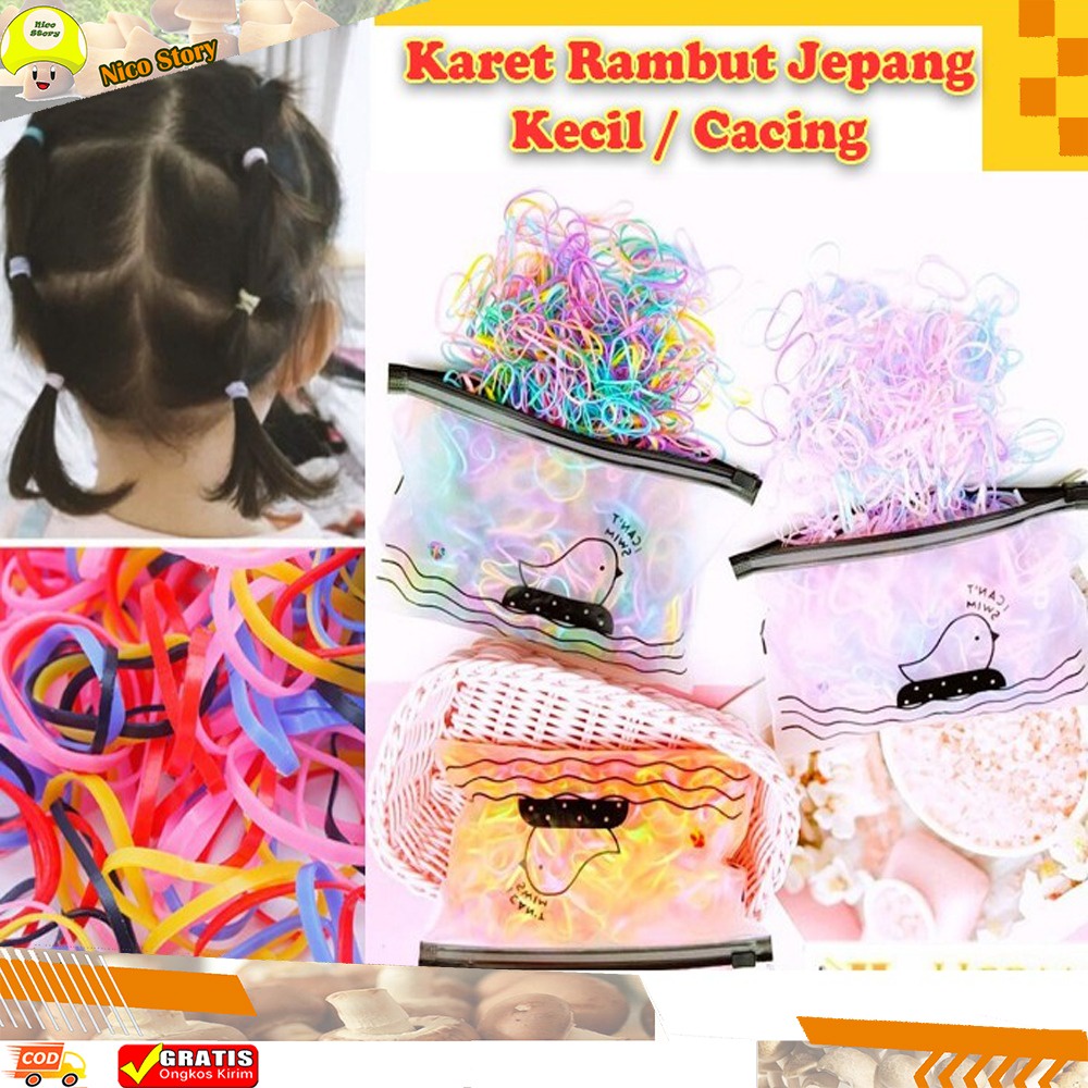 (NCS) Karet Rambut JEPANG POUCH 1000 Pcs Ikat Rambut Polos Gel Elastis Gaya Unyil Mini Size S Cacing Anak colorful