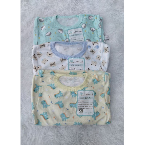 Setelan Oblong Bayi Lengan Pendek Kancing Pundak Merk Little Owl Seri Dino