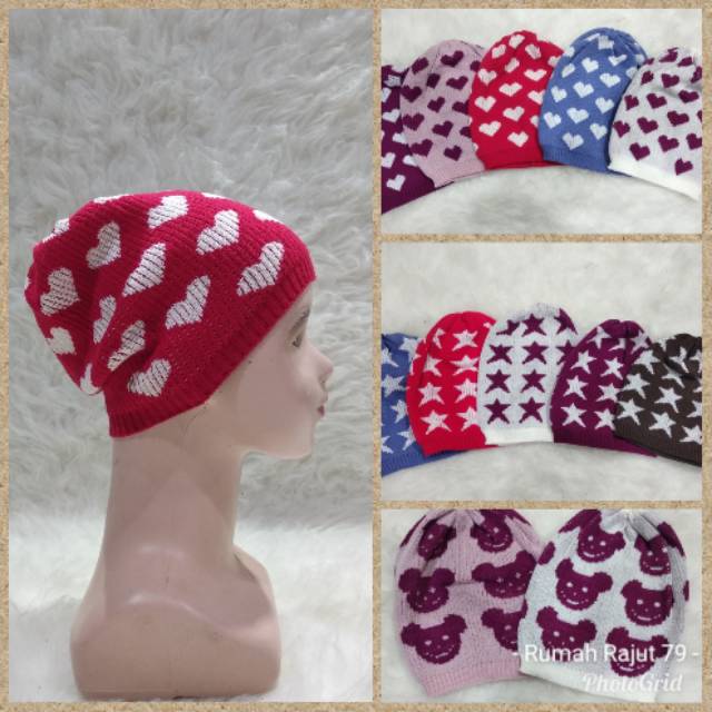 Topi kupluk rajut anak bayi motif love &amp; Star