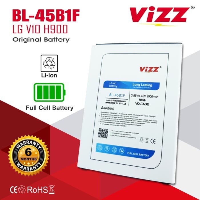 Baterai Batre Vizz BL-45B1F LG V10 / H900 / H901 / H960 / H968 / G2 Stylus / BL45B1F Original Vizz