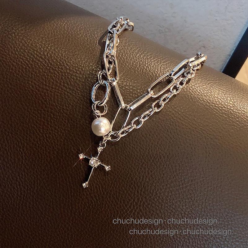 Cross Double Layered Necklace Hip Hop Pearl Pendant Clavicle Chain